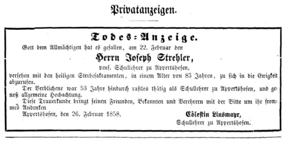 Joseph Strehler –                                                 Lehrer, Mesner und Gemeindeschreiber